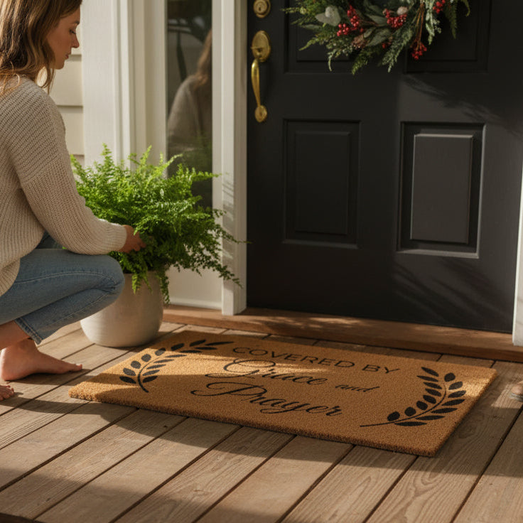 Woman placing a plant on a welcome mat at the entrance of a house.