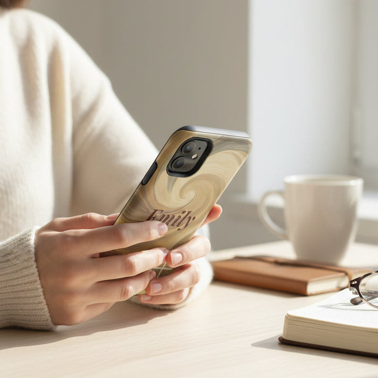 Person holding a phone with a gold case on a desk with a cup and book in the background