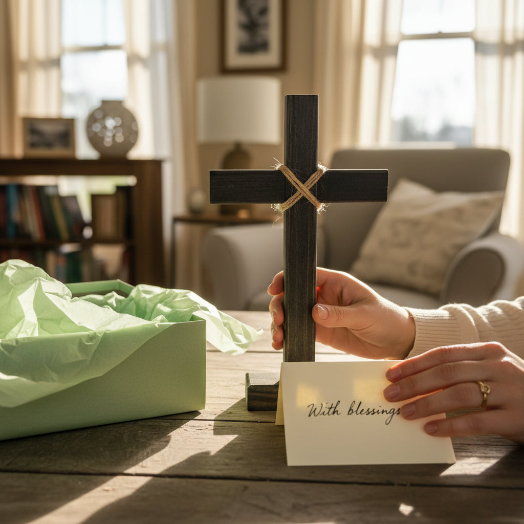 Person holding a wooden cross with a card that says 'With blessings' in a home setting.