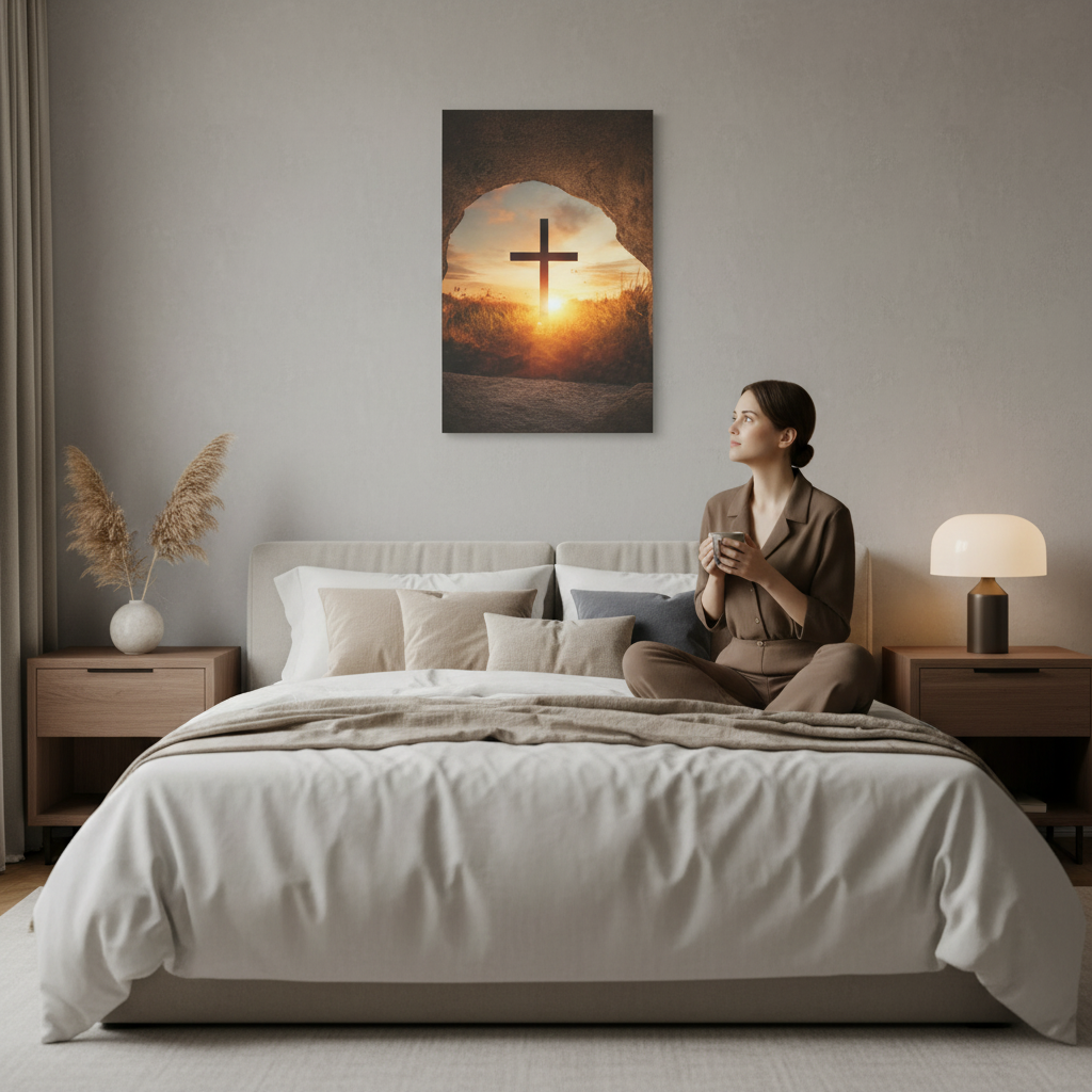 Hope at Daybreak – Sunrise Cross Canvas Wall Art | Christian Faith Decor for Prayer Spaces & Quiet Mornings - Heavenly Treasures