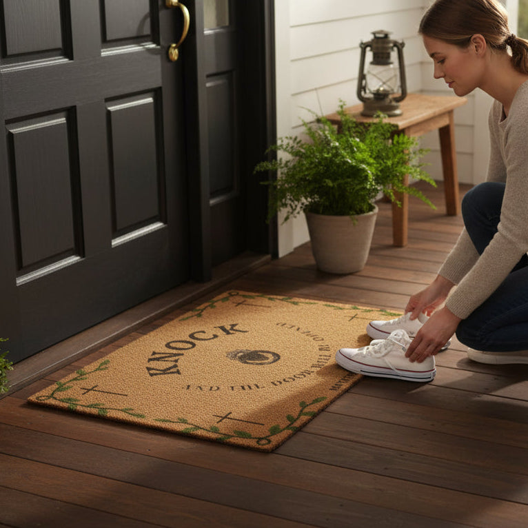 Woman cleaning shoes on a doormat outside a house