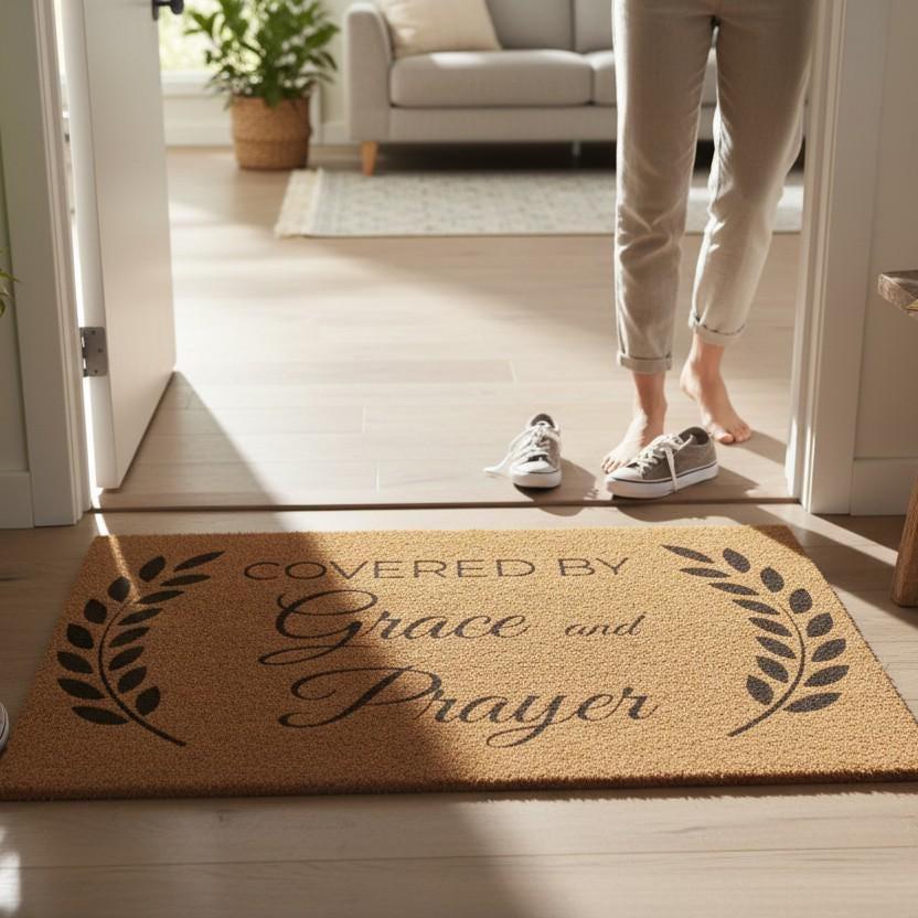 Doormat with 'Covered by Grace and Prayer' text in a home setting