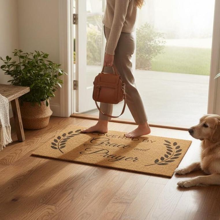 Person walking through a door with a dog on a doormat, holding a brown bag.