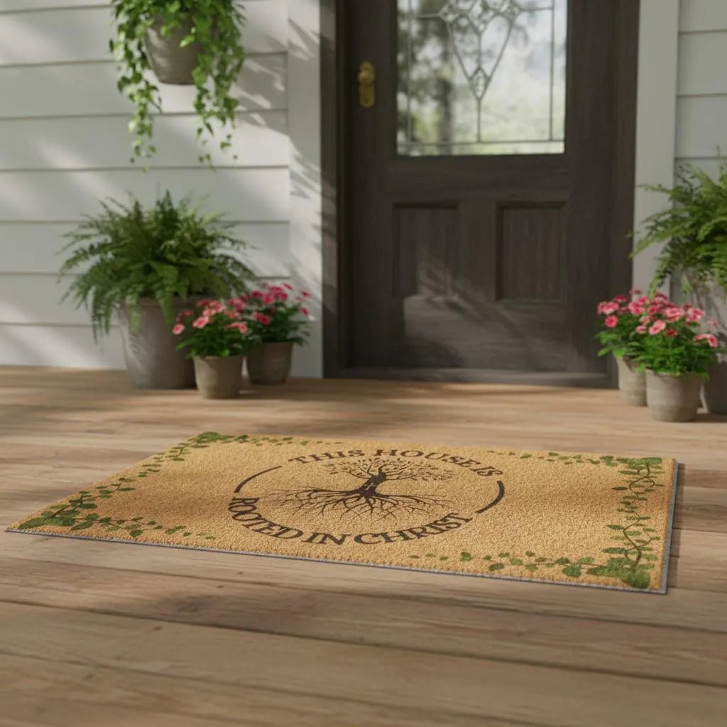 Doormat with tree design and text on a wooden porch with plants and a door.