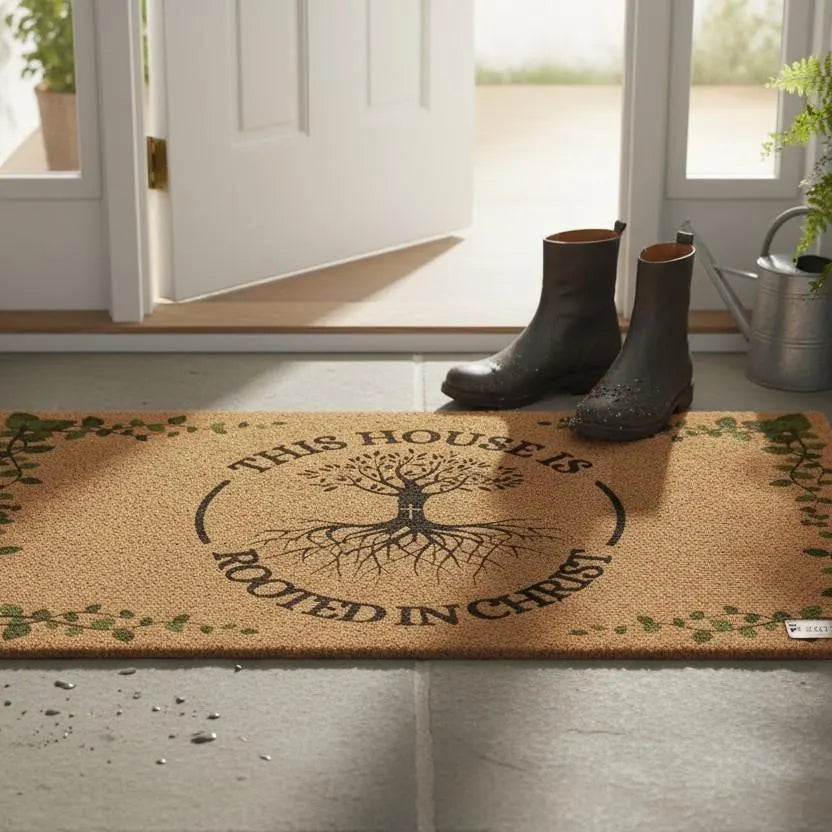 Coco Fiber Doormat Christian Faith Welcome Mat Rooted In Christ Religious Message Durable Outdoor Indoor Front Door Entrance Greeting Inspirational Believer Home Statement Piece Natural Material Construction Faith Based Household Gift