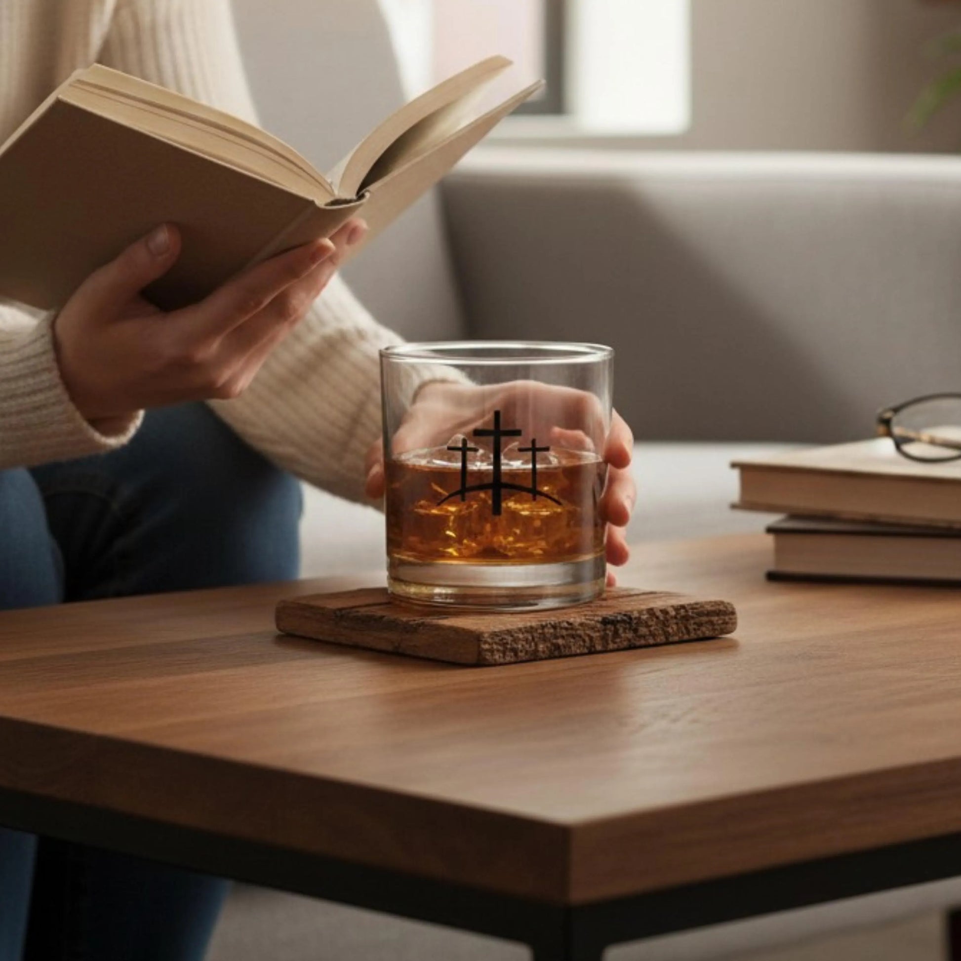 Person holding a glass of whiskey with a book on a wooden table