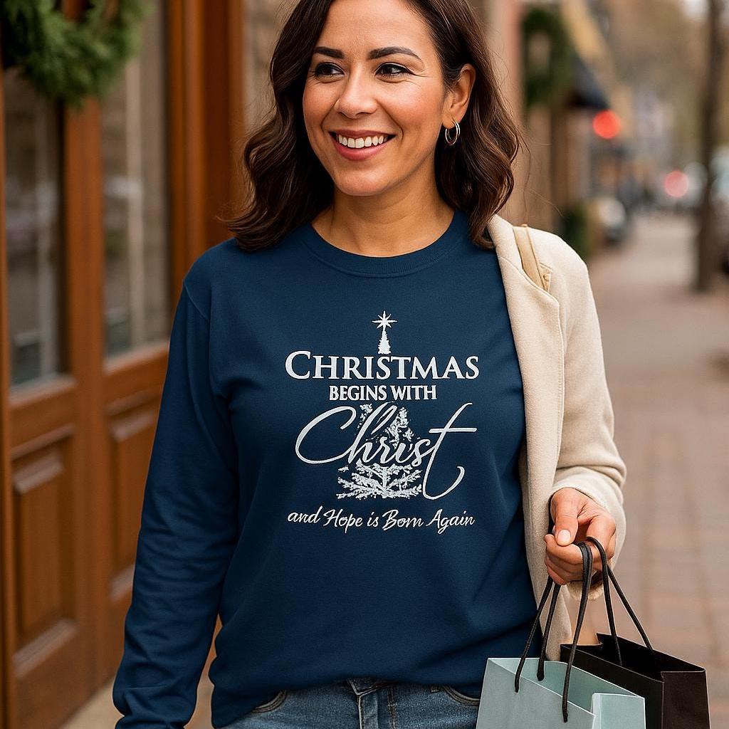 Christmas Begins With Christ Tee – Christian Christmas Shirt for Women – Faith Holiday Tee – Inspirational Jesus Christmas T-Shirt - Heavenly Treasures