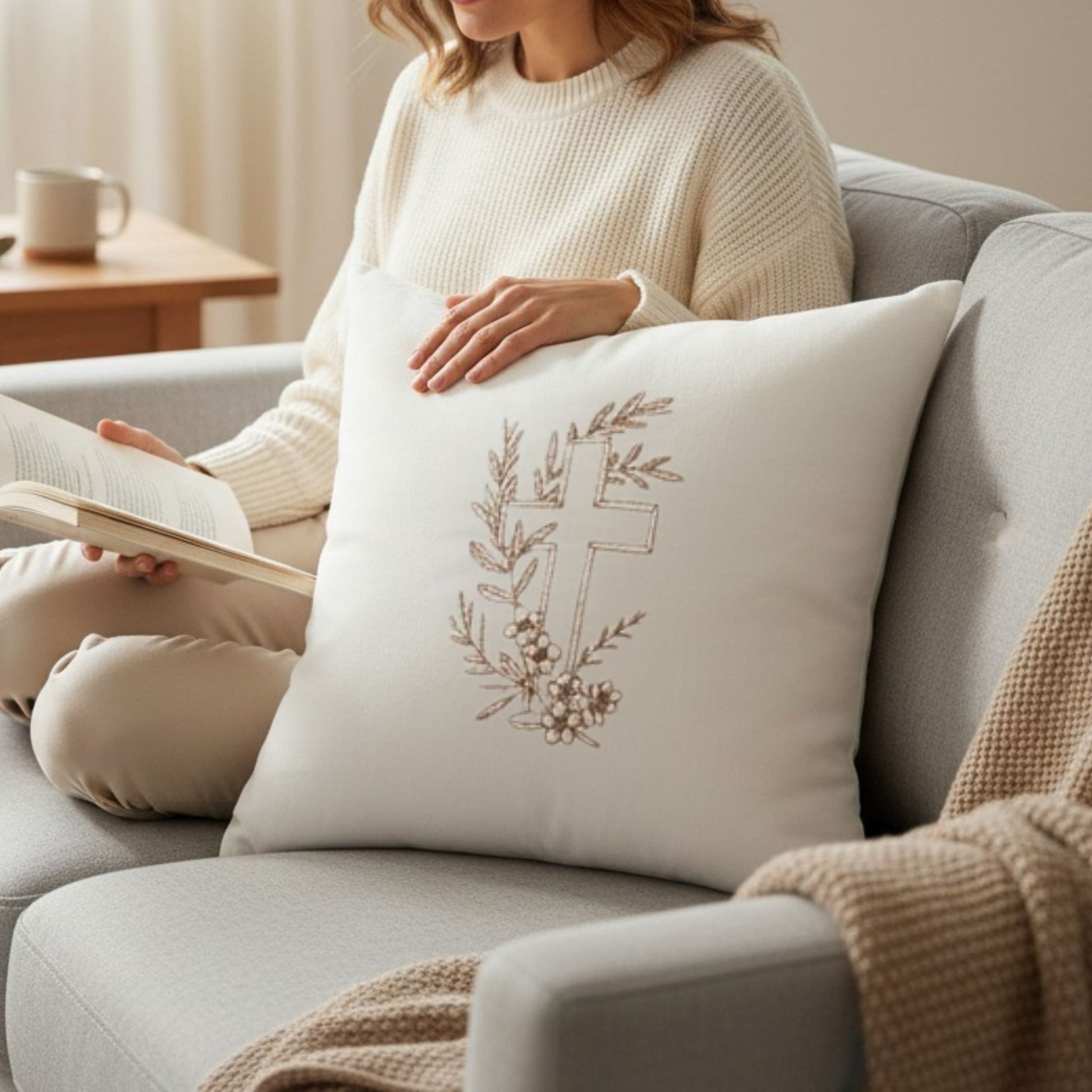 Christian Pillow Cover – Embroidered Cross Design Neutral Faith Home Accent - Heavenly Treasures