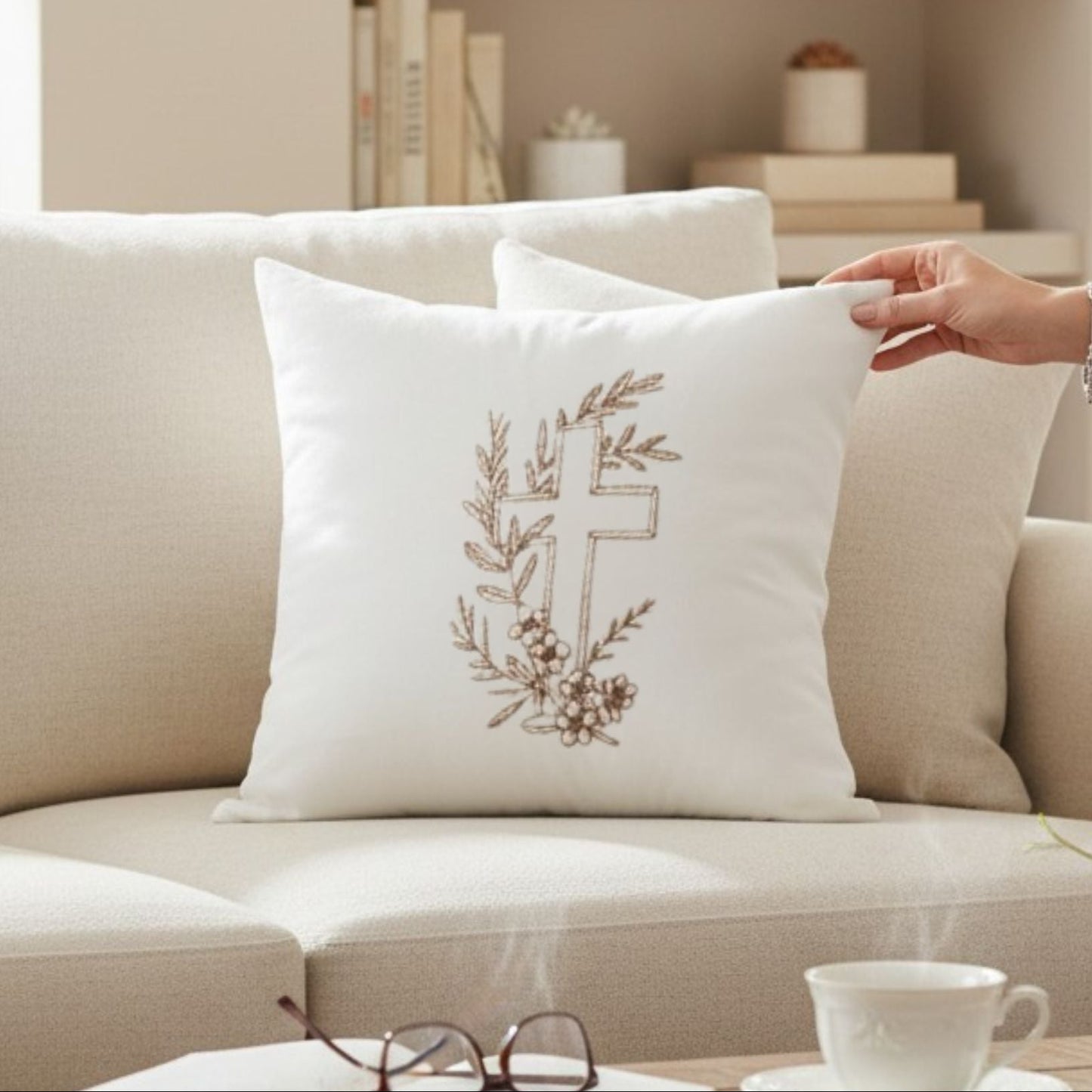 Christian Pillow Cover – Embroidered Cross Design Neutral Faith Home Accent - Heavenly Treasures