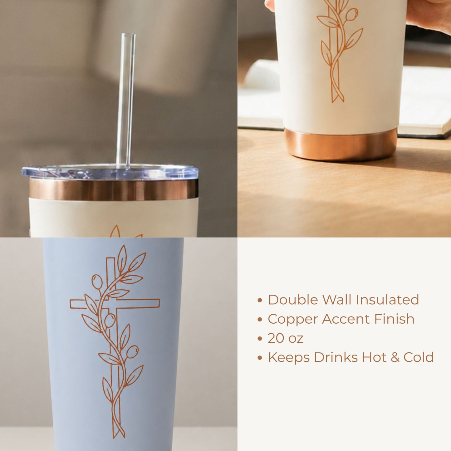 Christian Tumbler – Olive Branch Cross Design for Daily Faith Inspiration - Heavenly Treasures