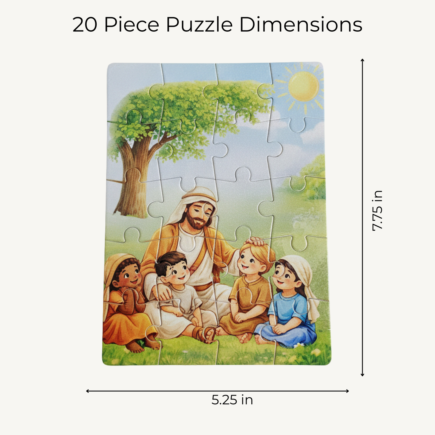 20 piece puzzle with Jesus and children illustration and dimensions on a white background