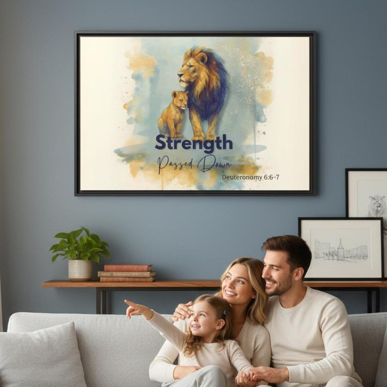 Family sitting on a couch in a living room with a framed artwork of lions on the wall.