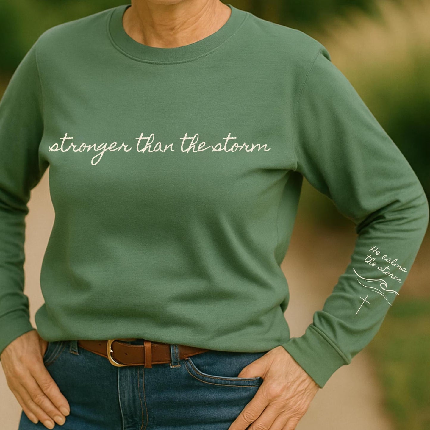 Stronger Than the Storm Christian Tee – “He Calms the Storm” Sleeve Design – Faith Shirt for Women – Inspirational Scripture Shirt – Comfort Colors Style - Heavenly Treasures