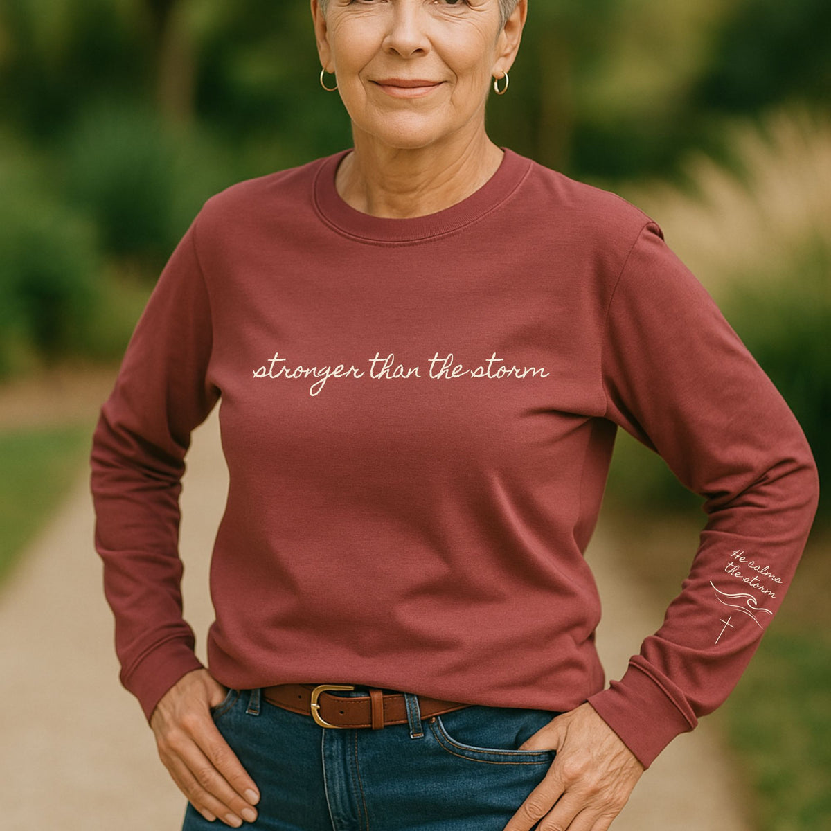 Stronger Than the Storm Christian Tee – “He Calms the Storm” Sleeve Design – Faith Shirt for Women – Inspirational Scripture Shirt – Comfort Colors Style - Heavenly Treasures