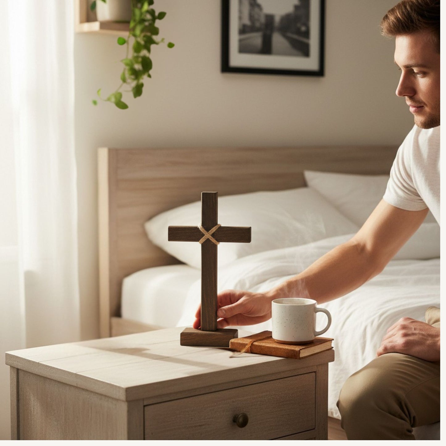 Man placing a wooden cross on a nightstand next to a cup of coffee in a bedroom.