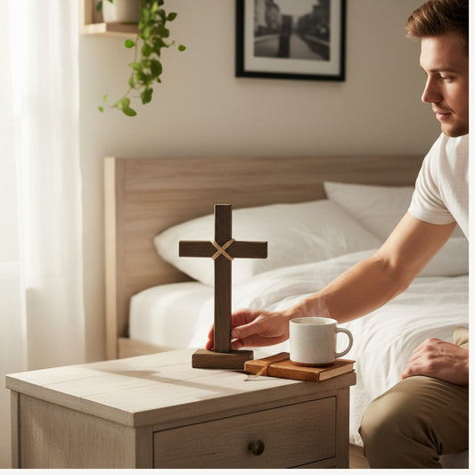 Man placing a wooden cross on a nightstand next to a cup of coffee in a bedroom.