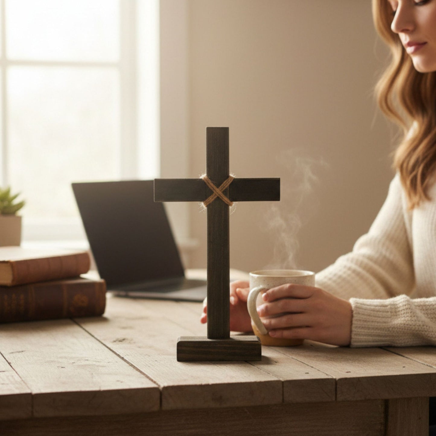 Person holding a cup of coffee with a cross on a table, near a laptop and books.