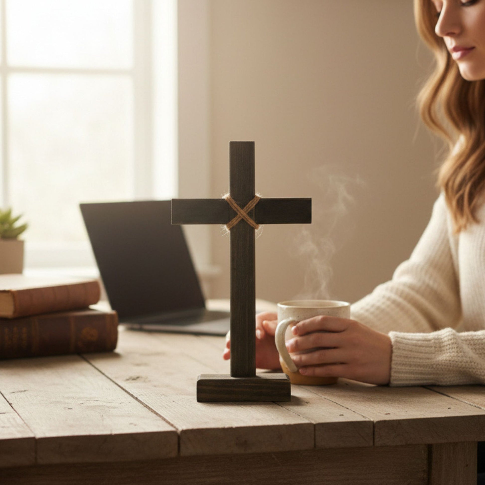 Person holding a cup of coffee with a cross on a table, near a laptop and books.