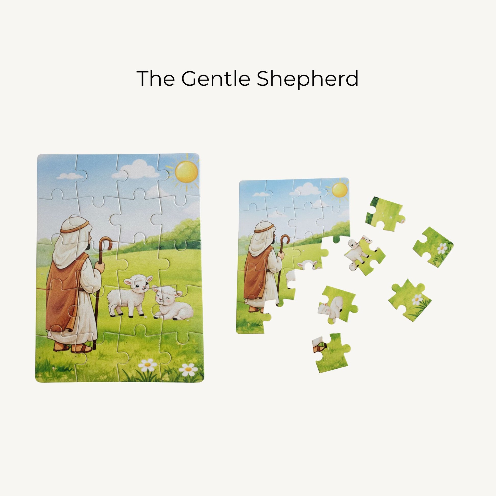 Children's puzzle set with shepherd and sheep illustration on a white background