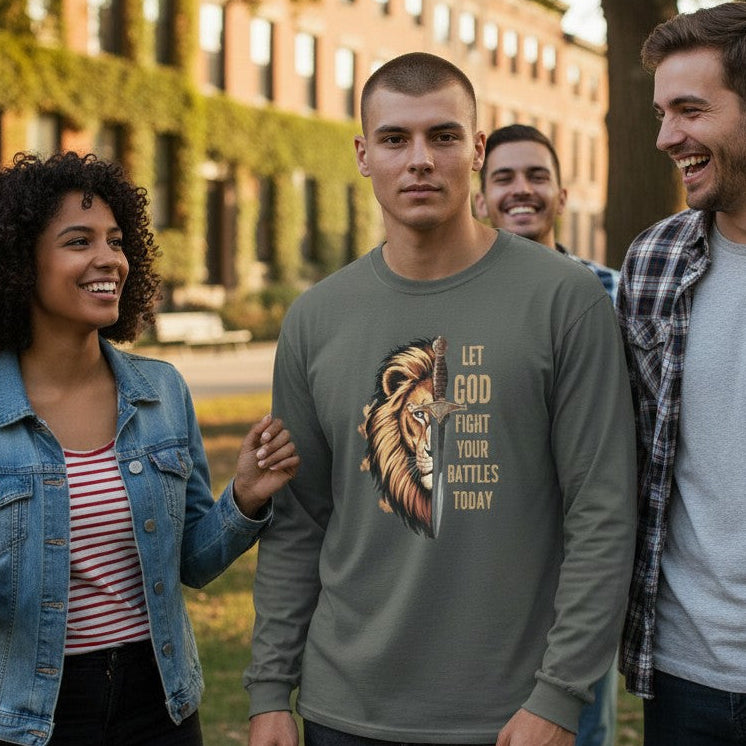 Group of four friends standing outdoors near a building with trees.
