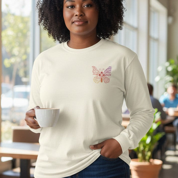 Woman holding a cup in a casual setting with large windows