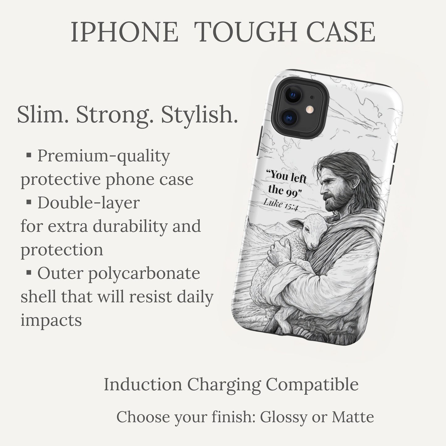 Phone case with a design of a person holding a child and text, on a white background with product details.