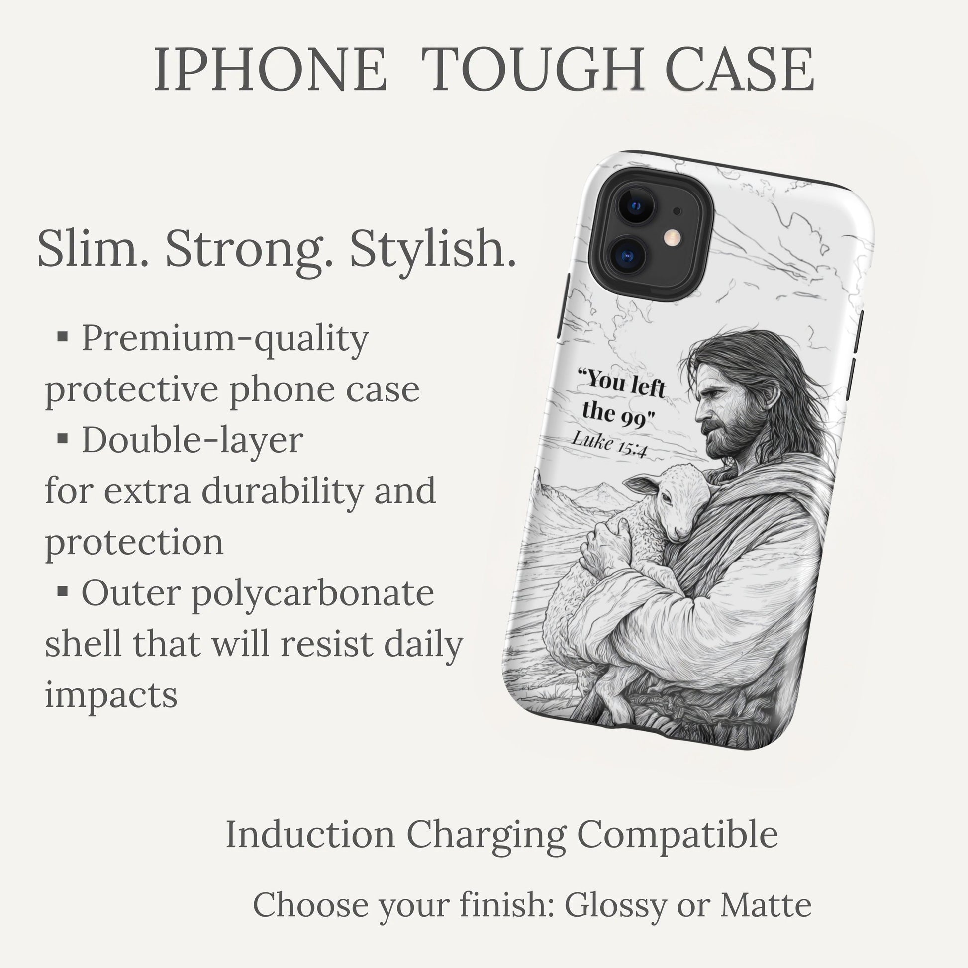 Phone case with a design of a person holding a child and text, on a white background with product details.